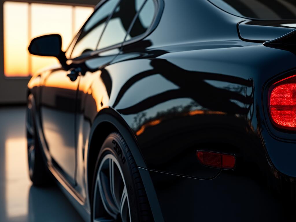 A perfectly polished black luxury car reflecting light.
