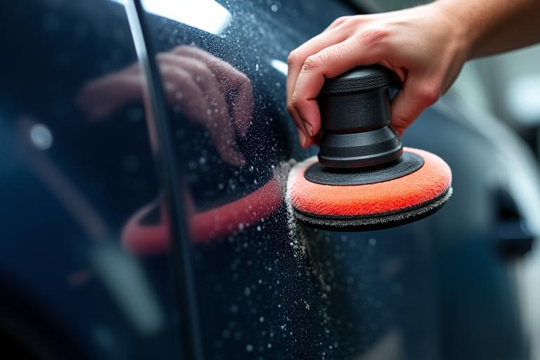Close-up of a buffer polishing a car door.