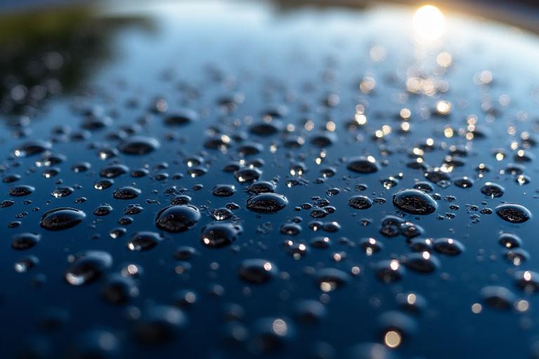 Close-up of water beading on a ceramic coated car hood.